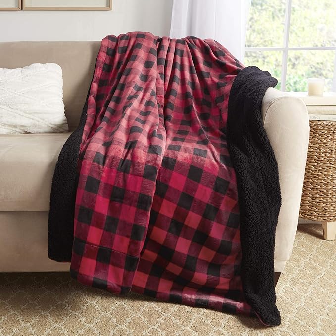 Genteele Sherpa Throw Blanket Super Soft Reversible Ultra Luxurious Plush Blanket, 60 x 80 inches, Buffalo Check Red/Black
