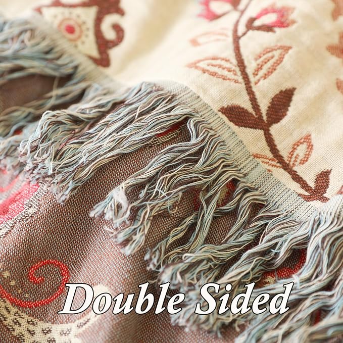 Snycler Boho Throw Blanket for Bed - 100% Cotton Ultra Soft Rustic Quilt - Pink Boho Floral Printed Farmhouse Decor Bed Blankets, 91"x98" All Season Rustic Throw for Sofa Couch Chair