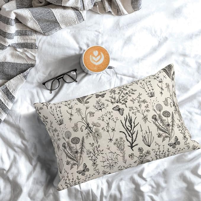 AEIOAE Spring Pillow Covers 12x20 Inch Set of 2,Black Gray Wild Flower Plant Throw Pillows Case,Seasonal Floral Outdoor Decorative Linen Farmhouse Decor Cushion Covers for Home Sofa Bed Couch