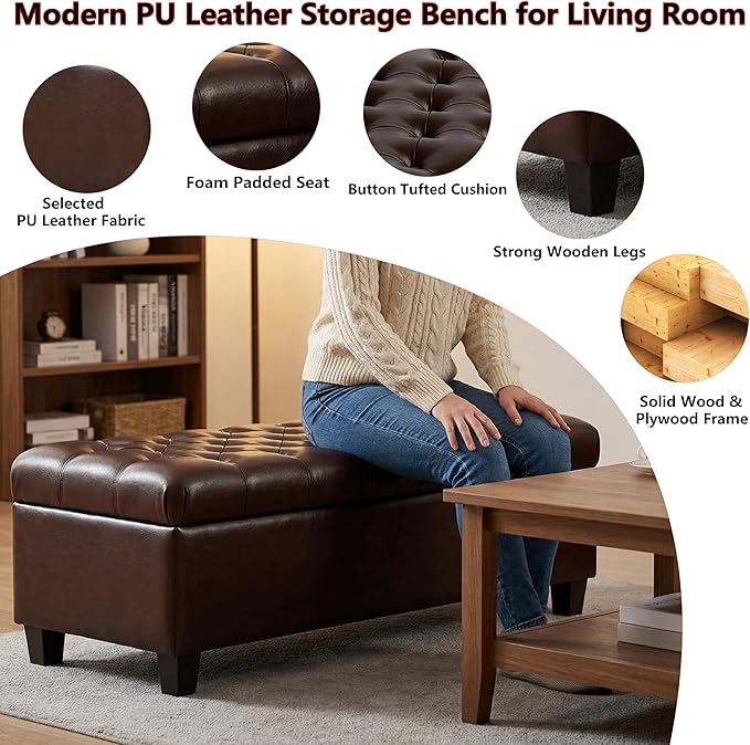 50.25" PU Leather Storage Ottoman Bench for Bedroom Bed End,Tufted Faux Leather Ottomans with Storage for Living Room,Bedside,Entryway,Modern Window Benches with Seating