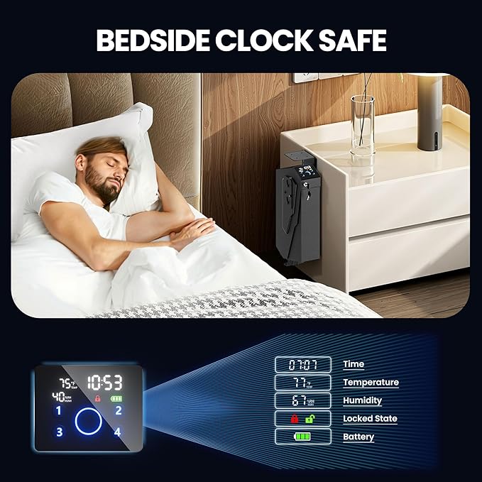 Quick Access Biometric Bedside Gun Safe for handgun, 2 in 1 Mounted Drop Down Nightstand Pistol Safe with Fingerprint & Passcode & Key 3 Ways