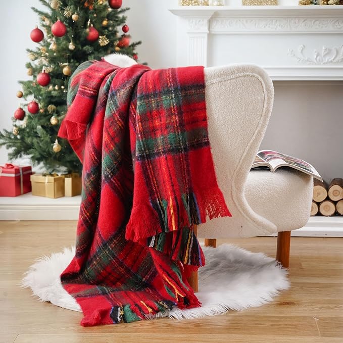 BATTILO Christmas Plaid Throw Blanket for Couch Bed, Mohair Red Tartan Plaid Blankets, Soft Cashmere Checkered Pattern, Red Christmas Throw Blankets for Home Decor (50"x60")