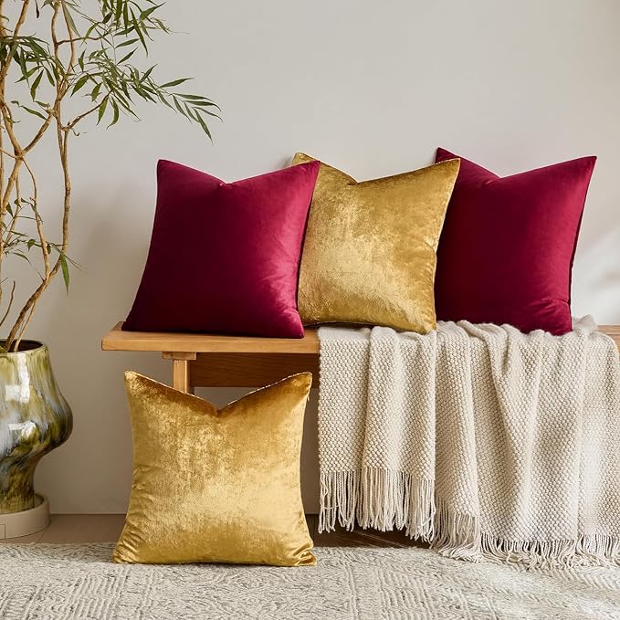 GIGIZAZA Decorative Pillow Covers 20x20: Burgundy Gold Throw Pillows Square Covers Set of 4 - Velvet Super Soft Couch Solid Cushion Covers for Living Room,Bedroom,Sofa,Christmas
