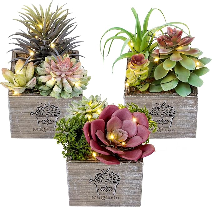 Mingfuxin Small Fake Plants, 3 Packs Mini Succulent Plants Artificial with Led Lights for Indoor Bathroom Bedroom Desk Office Decor
