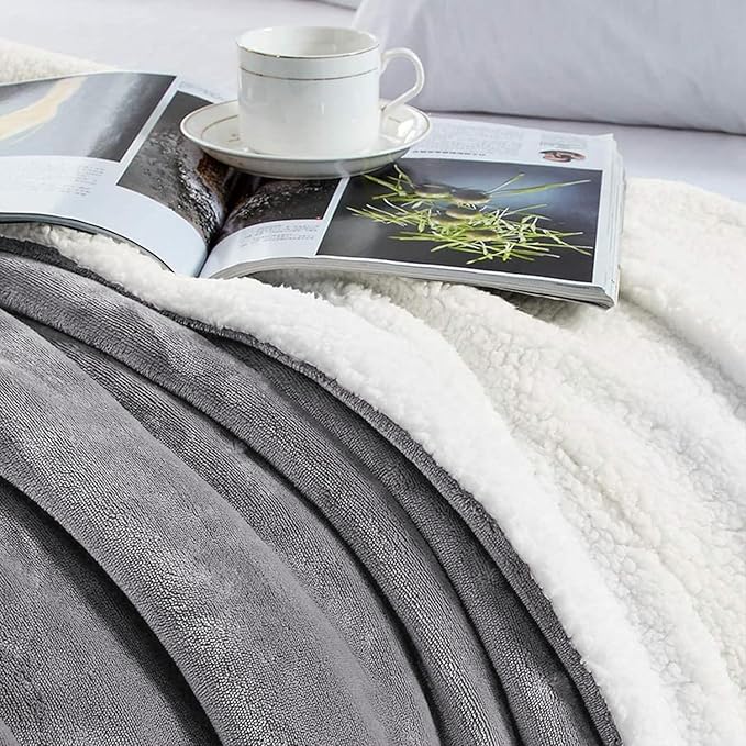 MOONLIGHT20015 Sherpa Fleece Twin Blanket - (Grey, 60X80 Inches) Warm and Fluffy Blankets for Winter - Reversible Thick and Cozy Twin Size Blankets for Bed, Camping and Travel