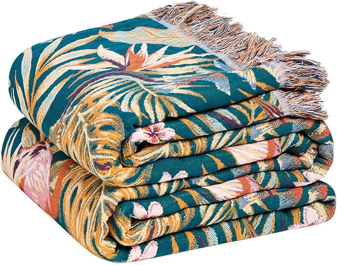 Boho Throw Blanket for Couch Sofa Chair Cotton Spring Blankets for Bedroom Living Room All Season Lightweight Reversable Forest Embroidery Throws 50"x60"