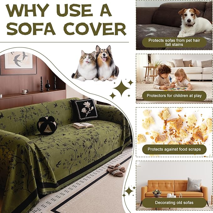 HANDONTIME Couch Cover for Dogs Washable Bird Floral Pattern Slipcovers for Couches and Sofas Green Sofa Covers with Black Jacquard Flower Chenille Couch Cover Blanket Pet Friendly, 71" X 134"