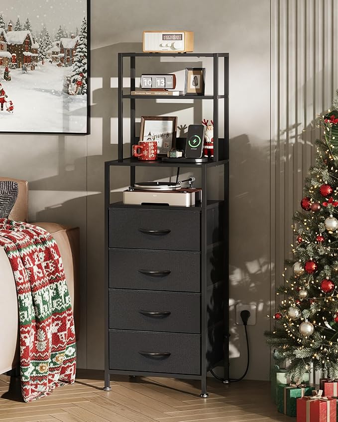 WLIVE Tall Nightstand with Charging Station, LED Night Stand with 4 Drawers and Storage Open Shelves, Fabric Dresser for Bedroom, Living Room, Office, Black