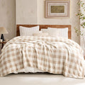 Snuggle Sac Queen Size Checkered Bedding Blanket Beige, Super Soft Warm Cozy Bed Blankets Oversized Fuzzy Plush Blankets for Bed, Bedroom, Plaid Beige, 90x90 inches
