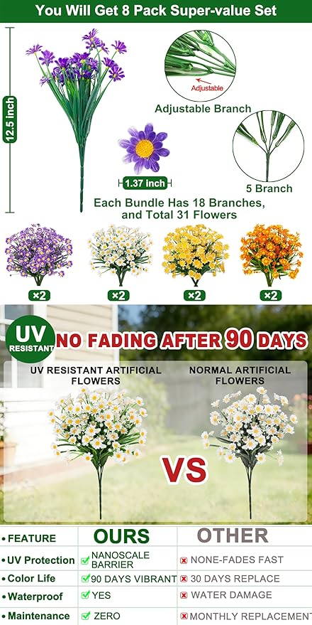 8 Bundles Artificial Daisy Flowers Outdoors Summer Decor, UV Resistant No Fade Fake Flowers Faux Plastic Greenery Shrub Plants for Hanging Gardens Window Box Porch Spring Cemetery Décor(Mix 4 Colors)