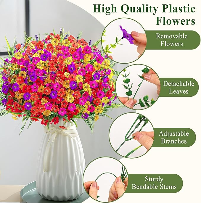 Alupssuc 48 Bundles Artificial Flowers for Outdoors Planters Spring Decoration, UV Resistant Faux Eucalyptus Violet and Lavender Silk Fake Plants for Outside Indoor Decor, Mix 5 Colors