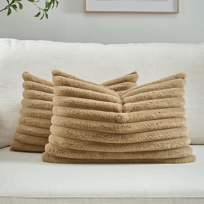 FUTEI Camel Decorative Throw Pillow Covers Set of 2, 12x20 Inch Soft Fluffy Faux Fur Plush Striped Lumbar Pillowcases, Modern Home Decor for Couch Bed Living Room