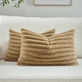 FUTEI Camel Decorative Throw Pillow Covers Set of 2, 12x20 Inch Soft Fluffy Faux Fur Plush Striped Lumbar Pillowcases, Modern Home Decor for Couch Bed Living Room