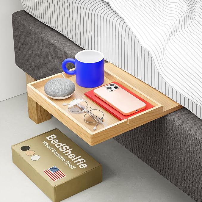 BedShelfie Bedside Shelf for Bunk Bed & Top Bunk, College Dorm Room & Loft Nightstand, Floating Bed Side Table Tray Storage - Natural Wood Slide