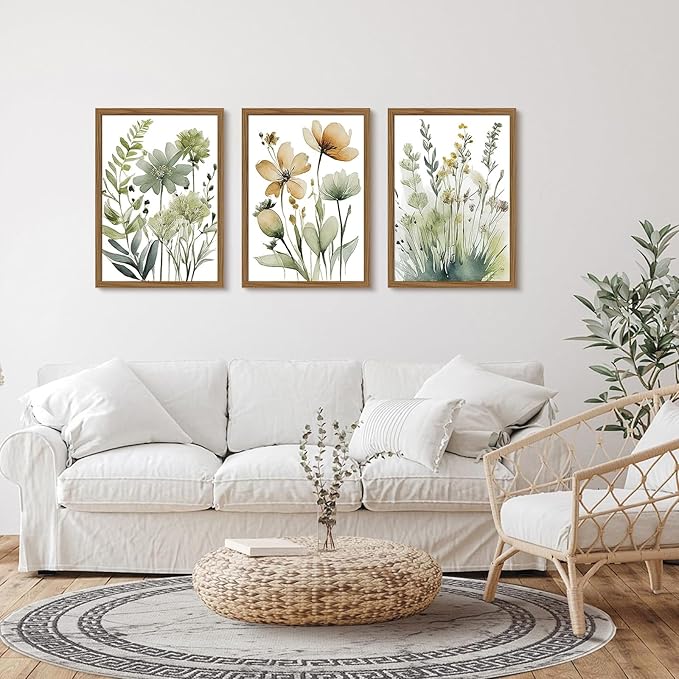 Sage Green Botanical Wall Art Boho Floral Wall Decor Minimalist Plant Canvas Pictures Flower Botanical Prints Watercolor Wildflower Poster Painting for Bathroom Bedroom 16x24x3 Inch Wood Frame