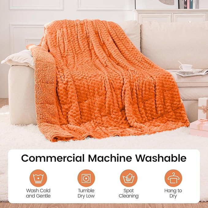 Super Fuzzy Soft Fleece Sherpa Weighted Blanket 20 lbs for Adults, 3D Imitation Turtle Shell Luxury Weighted Throw for Better Sleep, Dual Sided Cozy Heavy Blankets for Couch Bed, Orange, 60" x 80"
