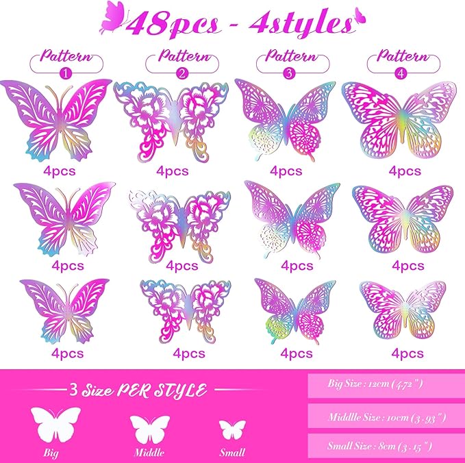3D Butterfly Wall Decor 3 Sizes 4 Styles Butterfly Party Decorations Cake Decorations Removable Stickers Wall Decor Room Mural Metallic (Laser Pink Purple, 48Pcs)