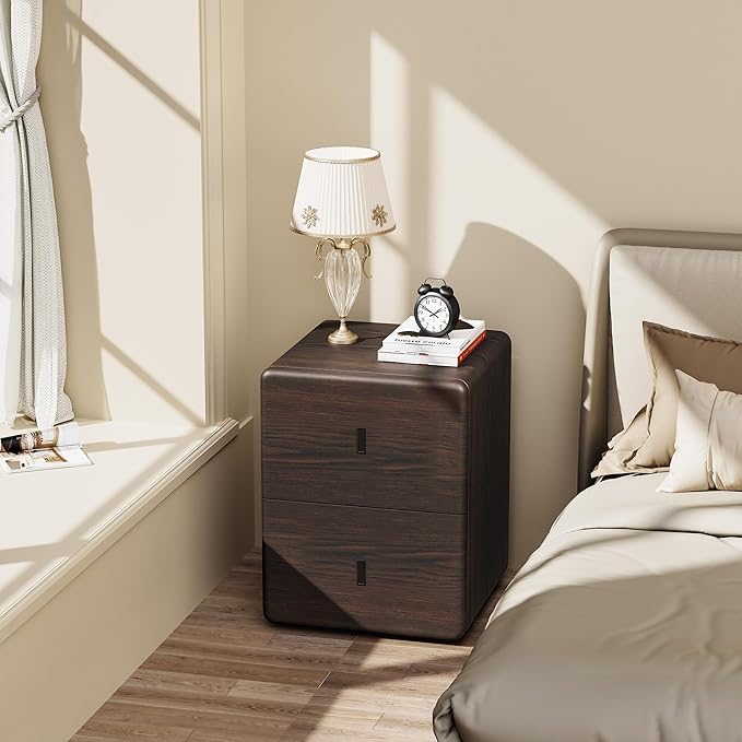 VICITON Narrow Nightstand with Drawers, Faux Leather Bedside Table, Solid Wood Drawer, Small Side Table for Bedroom (Leather Black Walnut, 15.7" x 15.7" x 19.7")