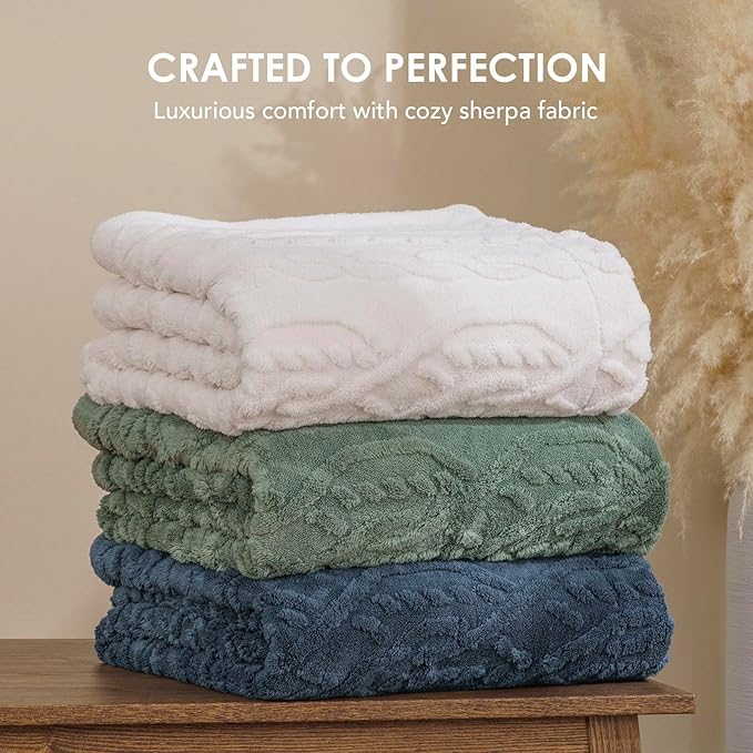 EverGrace Classic Cable Jacquard Sherpa Fleece Throw Blanket for Couch, Soft Cozy Fuzzy Plush Blankets for All Seasons, Reversible Thick Warm Blanket for Bed, Sofa, Bleach White, 60" x 80"