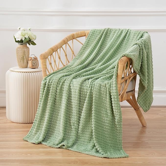 Puncuntex Flannel Fleece Throw Blanket Sage Green 60"×80",Super Soft Plush Cozy Blanket with Square Grid Design Luxury for Couch Sofa Chair