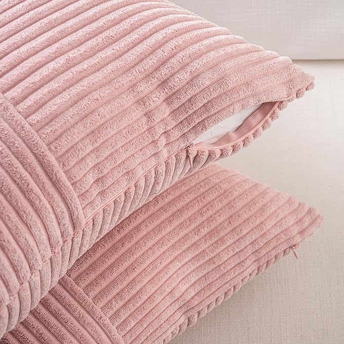 Fancy Homi 2 Packs Blush Pink Lumbar Decorative Throw Pillow Covers 14x24 Inch for Couch Bed, Rustic Farmhouse Boho Home Decor, Soft Striped Corduroy Rectangle Accent Cushion Case 35x60 cm