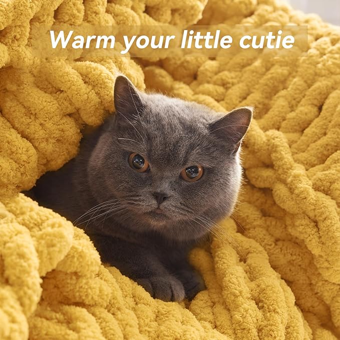 Chunky Knit Throw Blanket, 80''*90'' Knitted Throw Chenille Yarn for Bed Couch, Handmade Yellow Crochet Big Thick Blanket, Machine Washable Cute Comfy Blanket for Home Decor