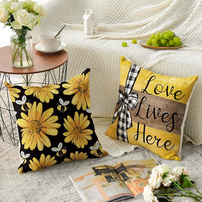 AVOIN colorlife Home Sweet Home Bee Sunflower Black Throw Pillow Covers, 16 x 16 Inch Love Lives Here Spring Summer Stripes Cushion Case for Sofa Couch Set of 4