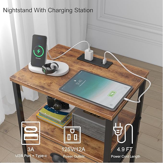 Nightstands Set of 2, Night Stands with Charging Station and Fabric Drawer, Bedside Tables with Drawers, 2- Tier Side Table with Open Shelf, Nightstands with Charging Station,Rustic Brown