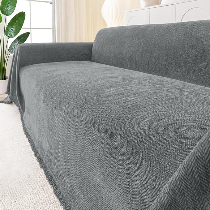 Smiry Couch Cover for Dogs, Washable Chenille Sofa Covers for 3 Cushion Couch, Soft Sofa Slipcover for Pets, Thick Sectional Furniture Protector with Tassels (Grey, 71x102 Inch)