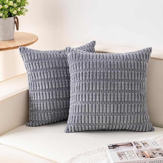 Aegero Pack of 2 Corduroy Decorative Throw Pillow Covers 24x24 InchSoft Striped Pillow Covers Modern Farmhouse Home Decor for Sofa Living Room Couch Bed（Light Grey）