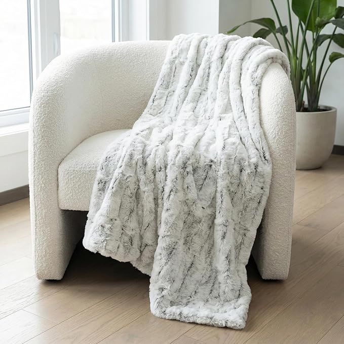 Americanflat Faux Fur Throw Blanket - Luxury 50x60 Extra Soft Plush Snow Leopard Fur, Reversible & Machine Washable Cozy Throw for Bed, Couch, Sofa, or Living Room Decor - Gray and White