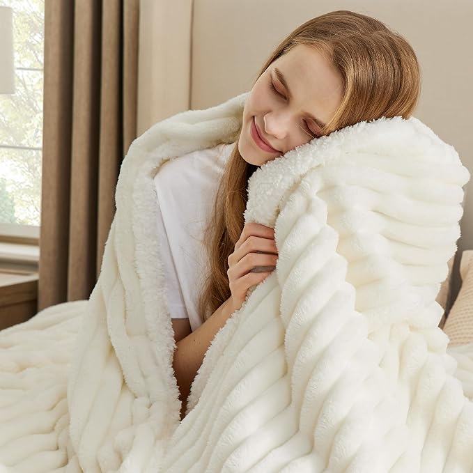 Bedsure Sherpa Throw Blanket for Couch - Super Soft, Cozy Fleece Thick Warm Blanket for Winter, GentleSoft Plush & Fluffy Spring Throw Gift for Women, Room Decor, White, 50x60 Inches