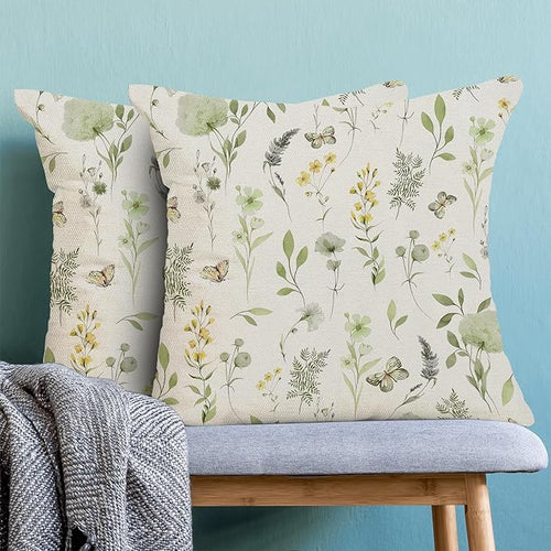 AEIOAE Spring Pillow Covers 20x20 Inch Set of 2, Sage Green Yellow Wild Flower Throw Pillows Case,Colorful Seasonal Floral Plant Outdoor Decorative Farmhouse Decor Cushion Covers for Sofa Bed Couch