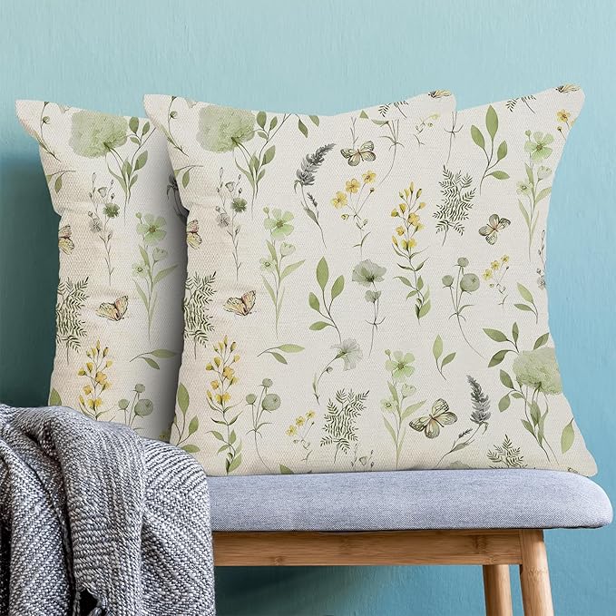 AEIOAE Spring Pillow Covers 16x16 Inch Set of 2, Sage Green Yellow Wild Flower Throw Pillows Case,Colorful Seasonal Floral Plant Outdoor Decorative Farmhouse Decor Cushion Covers for Sofa Bed Couch