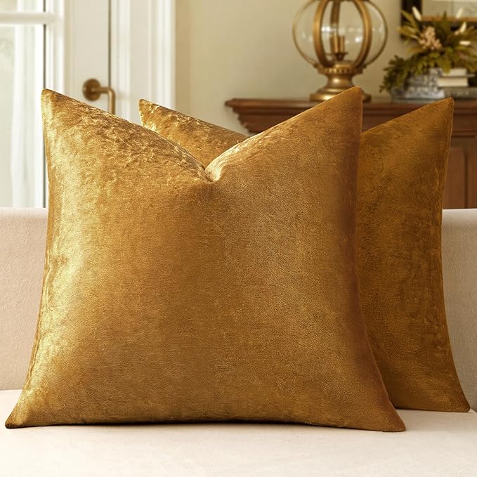 MIULEE 24x24 Inch Euro Sham Velvet Pillow Covers, Set of 2 Large Square Decorative Pillows -Dark Gold Super Soft for King Bed, Sofa, Couch, Accent Chairs with Hidden Zipper