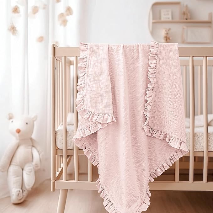 Konssy Flounce Muslin Baby Blanket for Girls Boys, 100% Cotton Soft Crib Swaddle Blankets, Reversible & Breathable Nursery Bedding for Newborns Toddlers, 40 x 36 Inches (Baby Pink)