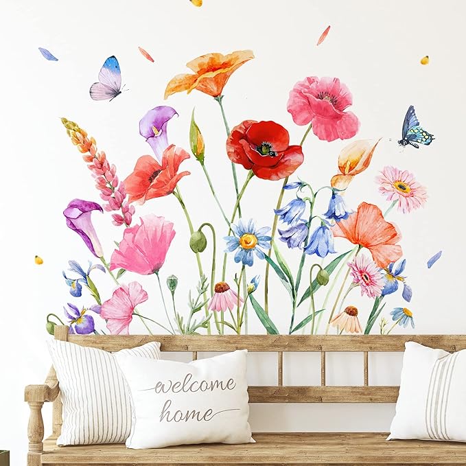 Zonon 6 Pcs Flowers Wall Decals Stickers Vinyl Removable Peel and Stick Colorful Dragonflies Floral Wall Murals Decor for Bedroom Living Room Nursery(Exquisite)