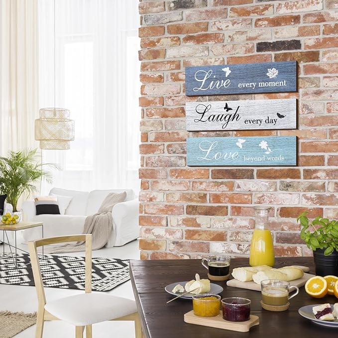 Jetec 3 Pieces Rustic Wood Sign Wall Decor Live Love Blessed Family and Love Quote Sign Farmhouse Wall Mount Decoration for Home Kitchen Living Room, 12 x 3 x 0.2 Inch(Blue Series,Classic)