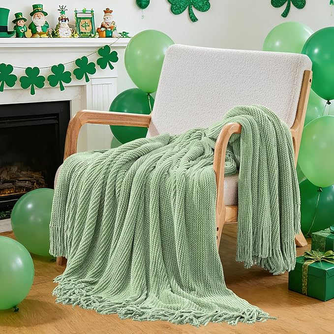 inhand Basil Green Throw Blanket for Couch Bed, St. Patrick’s Day Lucky Spring Gifts Throw for Men Women,Chunky Chenille Woven Soft Warm Blanket,Boho Farmhouse Cozy Decor,50"x60",Medium Thick