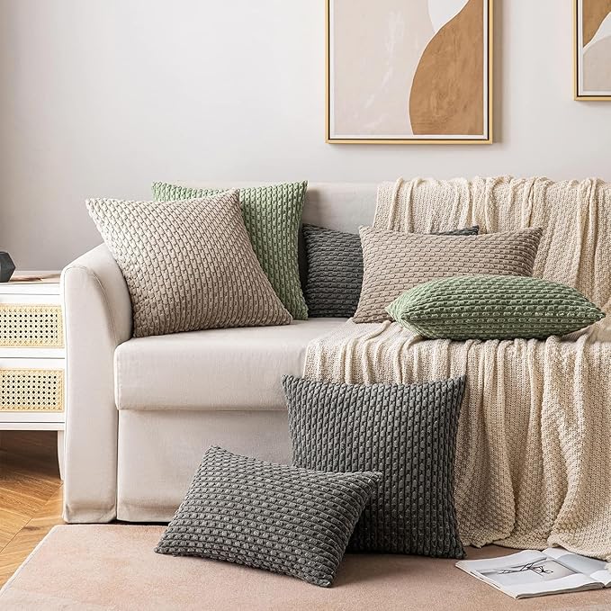 MIULEE Pack of 2 Decorative Throw Pillow Covers 18x18 Inch Soft Boho Striped Textured Corduroy Pillow Covers Modern Farmhouse Home Decor for Couch Bed Sofa Living Room Neutral Light Brown