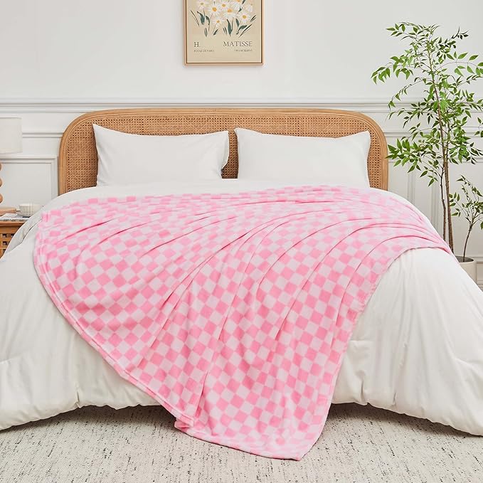 FY FIBER HOUSE Checkered Flannel Fleece Throw Blanket Queen Size Soft Cozy Checkerboard Grid Print Chessboard Gingham Pattern Blankets for Bed Couch Sofa, 90"x90", Light Pink