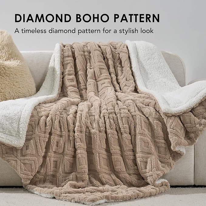 EverGrace Jacquard Boho Sherpa Fleece Throw Blanket for Couch, Super Soft Cozy Fuzzy Plush Blankets for Winter, Reversible Thick Warm Blanket for Bed, Sofa, Living Room, Khaki Tan, 50" x 60"