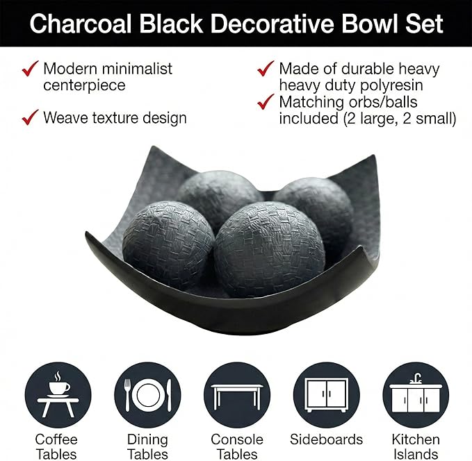 Seraphic 5pc Scoop Bowl Table Centerpieces for Dining Room, Large Decorative Bowls for Coffee Table Decor, Kitchen, Orbs/Balls Included, 14" diagonal. 11" wide and 5.75" tall, Charcoal Black