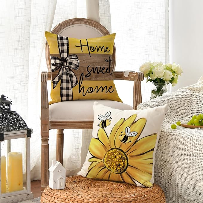 AVOIN colorlife Home Sweet Home Bee Sunflower Throw Pillow Covers, 18 x 18 Inch Love Lives Here Spring Summer Stripes Cushion Case for Sofa Couch Set of 4