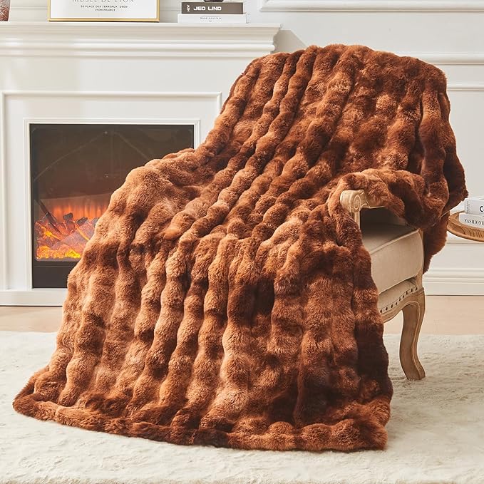 EMME Faux Fur Blanket Twin Size Tie Dye Dark Brown - Big Bubble Rabbit Cozy Blanket for Couch, Thick Furry Plush Shaggy Blankets, 650GSM, 60x80 Inches