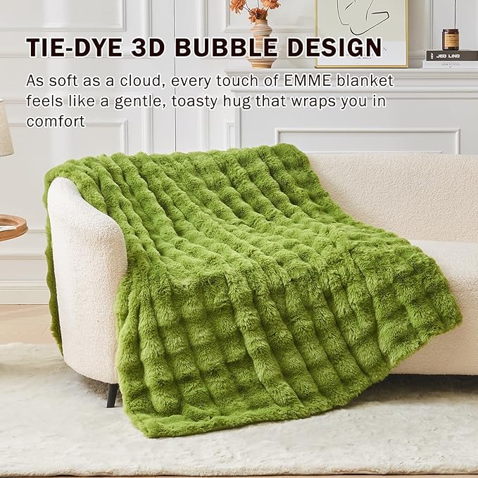 EMME Faux Fur Blanket King Size Dark Green - Big Bubble Rabbit Cozy Blanket for Couch, Thick Furry Plush Shaggy Blankets, 650GSM, 108x90 Inches