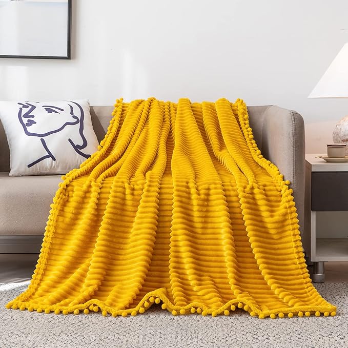 DISSA Fleece Blanket Twin Size – 60x80, Yellow - Soft, Plush, Fluffy, Fuzzy, Warm, Cozy – Perfect Throw for Couch, Bed, Sofa - with Pompom Fringe - Flannel Blanket
