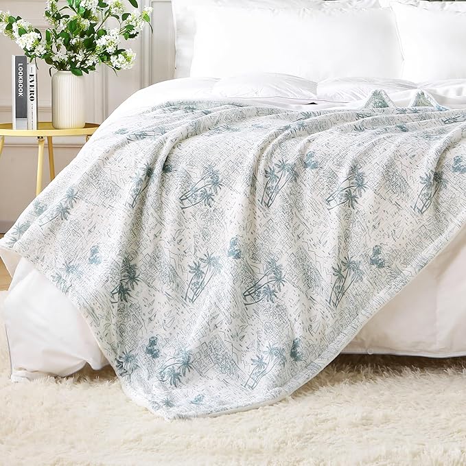 Viviland Cotton Blanket Muslin Blankets for Adult Reversible Flannel, Gifts for Women, Cozy and Soft for All Seasons, Home Decor Throw for Sofa, Chair, Coastal Toile, 50x70 inches