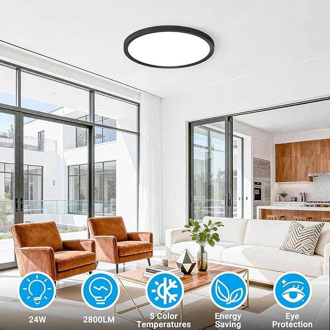 6 Pack LED Flush Mount Ceiling Light,12Inch 24W,3000K/3500K/4000K/5000K/6500K 5 Color Temperatures Ceiling Light Fixture for Kitchen Porch Hallway Bedroom Bathroom and Closet,Black