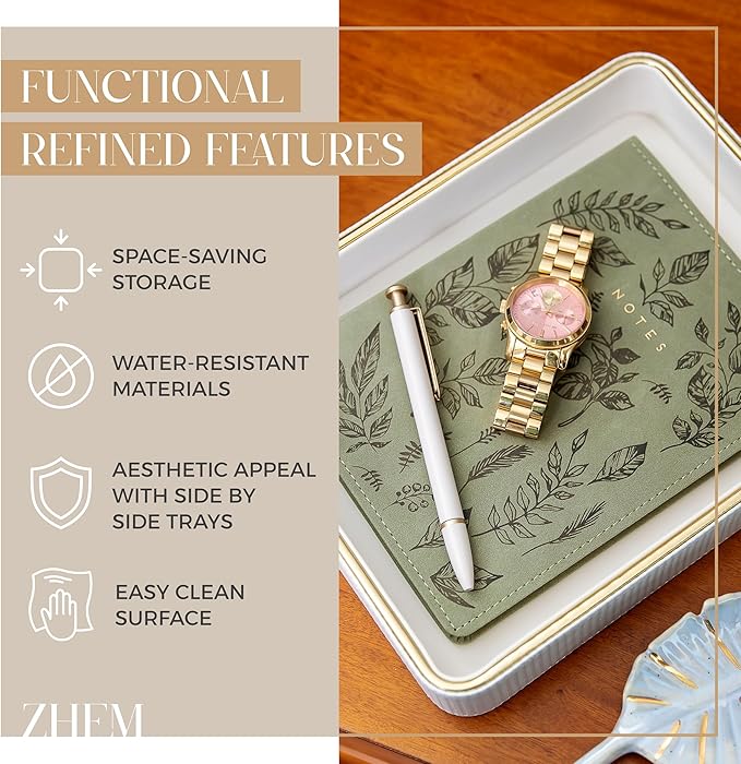 ZHEM Women Perfume Tray Valet Tray NightStand Bedside Organizer| Perfume Organizer Holder| Decorative Perfume Trays| Leather Vanity Tray Catchall Trinket Tray (Beige 8"x11"x1.75")